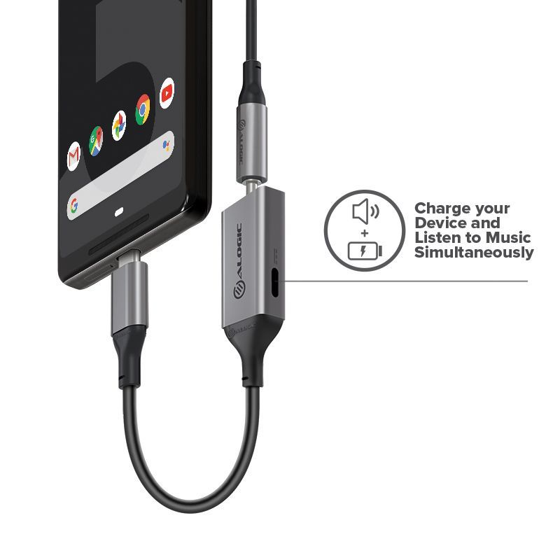 Alogic 10cm USB-C (Male) to 3.5mm Audio (Female) & USB-C (Female) Charging Combo