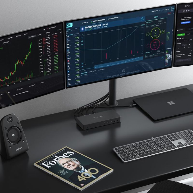 Alogic USB-C docking station with triple display support, 4K resolution, and 100W power delivery for seamless multitasking.