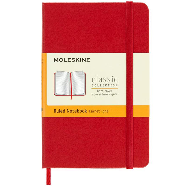 Scarlet red Moleskine notebook with ruled pages, elastic closure, and expandable pocket for notes on the go.