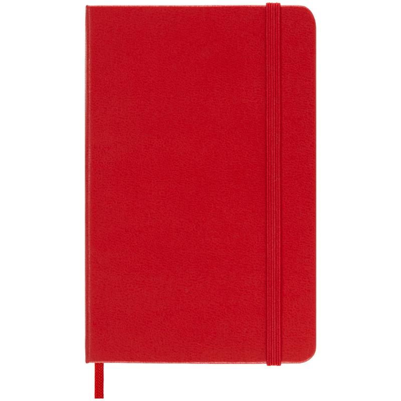 Scarlet red hard cover Moleskine notebook with ruled pages, elastic closure, ribbon bookmark, and expandable pocket for notes.