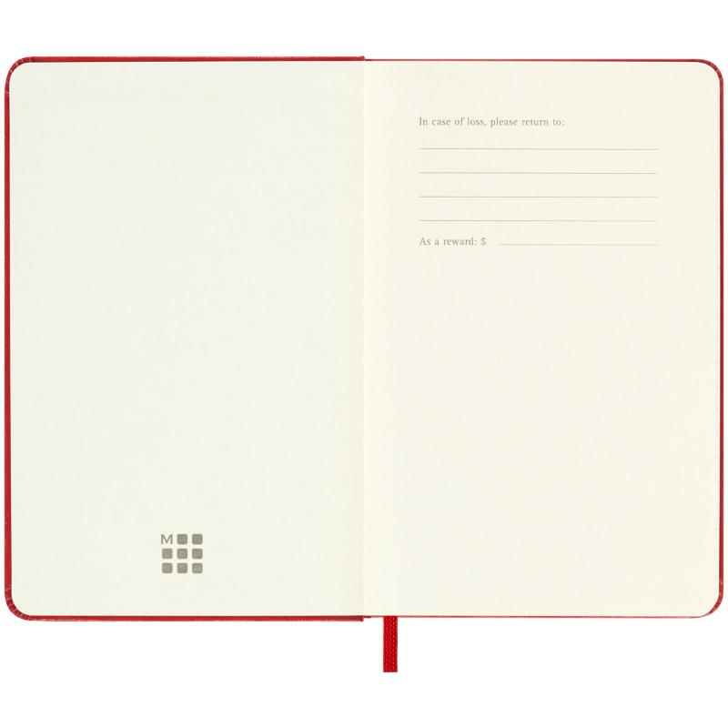 Scarlet red Moleskine pocket notebook with ruled ivory pages, elastic closure, ribbon bookmark, and expandable inner pocket.