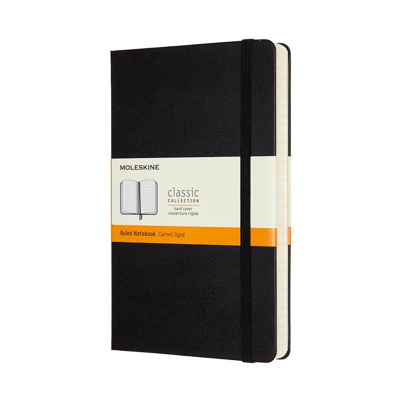 Moleskine Large Expanded Notebook with black hard cover, 400 pages, 2 ribbon bookmarks, and expandable inner pocket.
