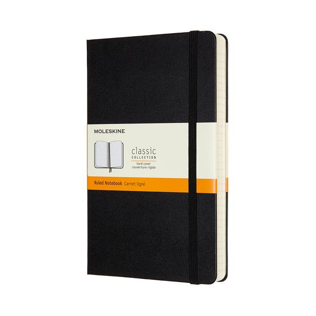 Moleskine Large Expanded Notebook with black hard cover, 400 pages, 2 ribbon bookmarks, and expandable inner pocket.