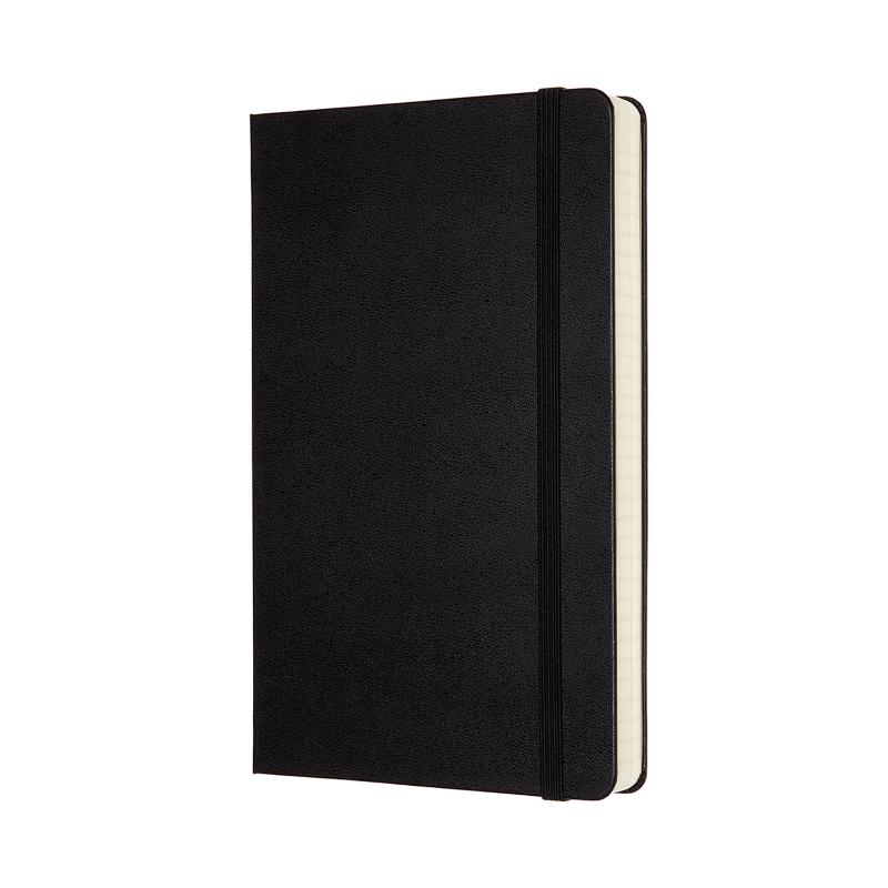Moleskine Large Expanded Ruled Notebook with black hard cover, 400 pages, two bookmarks, and expandable inner pocket.
