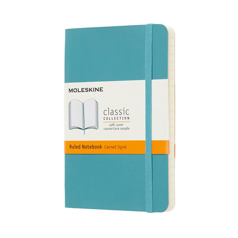 Moleskine Pocket Ruled Notebook in vibrant reef blue, featuring smooth ivory pages and elastic closure for creative portability.