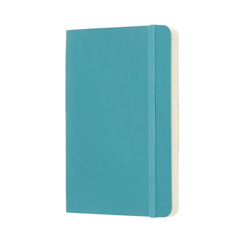 Compact reef blue Moleskine notebook with ruled ivory pages, elastic closure, and expandable pocket; ideal for creative exploration.