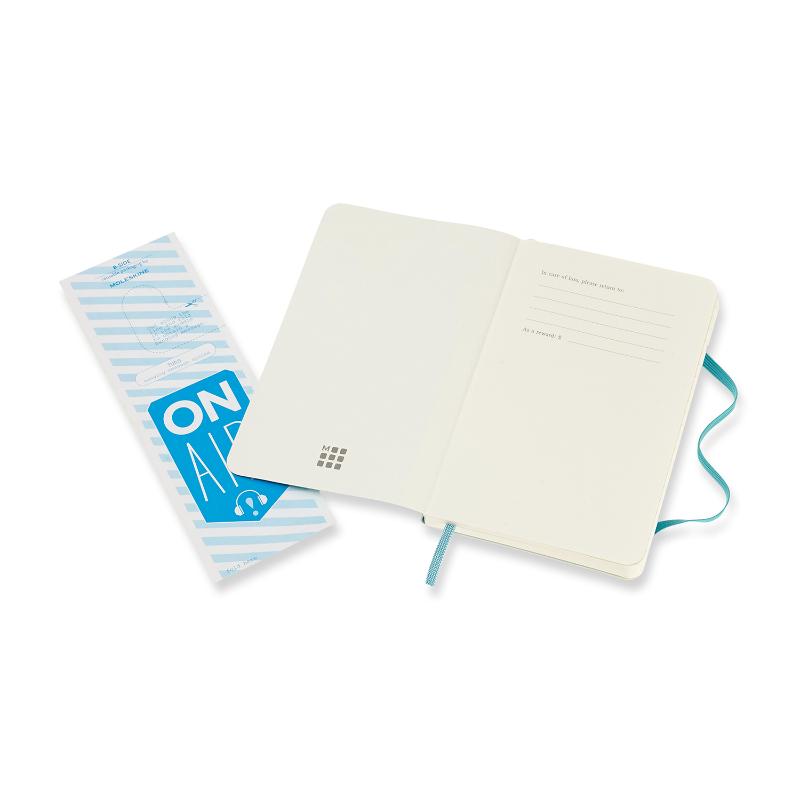 Compact Reef Blue Moleskine Notebook with ruled ivory pages, elastic closure, bookmark, and expandable back pocket for notes.