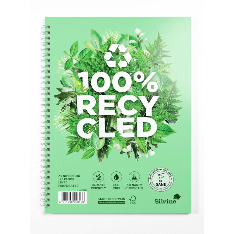 Silvine A5 recycled notebook with twin wire binding, 120 ruled pages, eco-friendly design for sustainable note-taking.