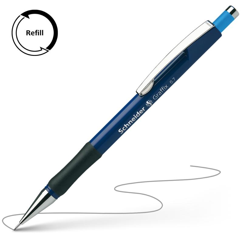 Schneider Graffix 0.7mm mechanical pencil in blue, featuring a rubber grip, metal clip, and integrated eraser for precision writing.