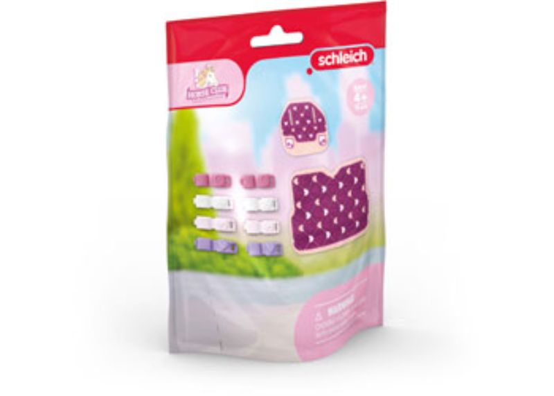 Colorful horse styling accessories set for kids, including brushes and saddles for imaginative play with Schleich figurines.
