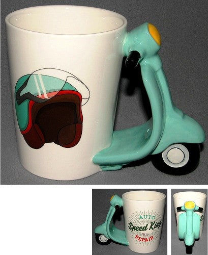 Turquoise ceramic mug featuring a motorcycle design, ideal for coffee lovers and bike enthusiasts.