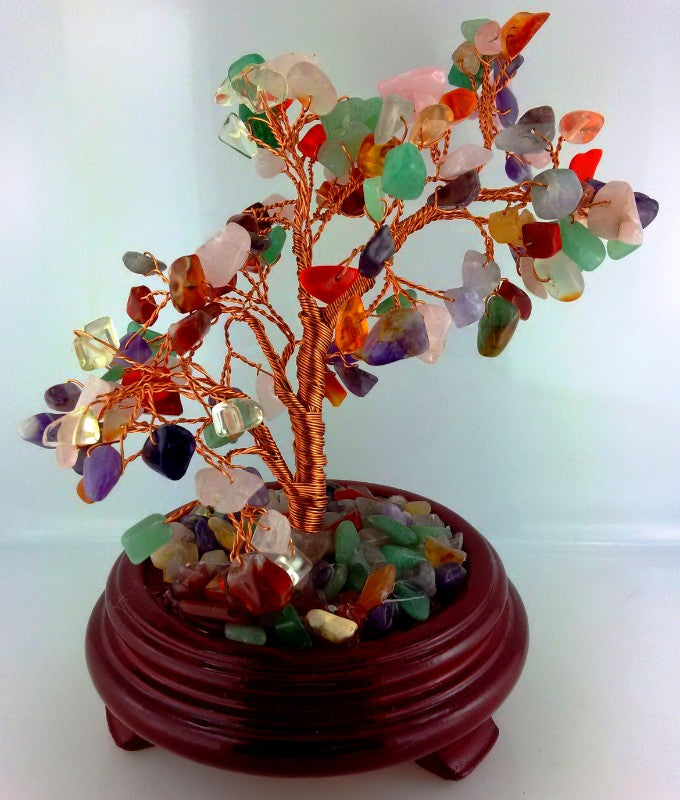 Gemstone tree made of vibrant mixed stones, standing 23cm tall, promoting positivity and enhancing home decor.