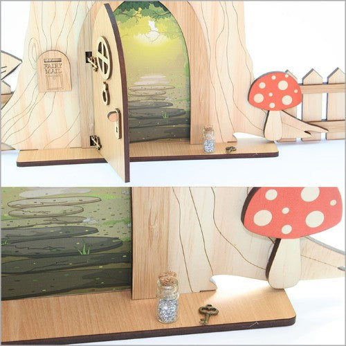Whimsical Fairy Door Kit with tree trunk base and magic accessories for enchanting home decoration.