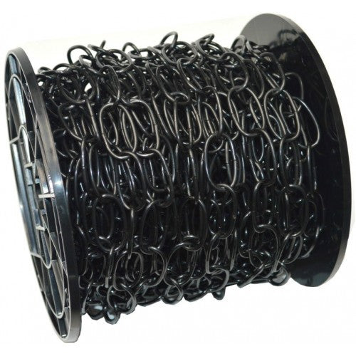 Robust 30m Wiggins Oval Link chain reel in black, ideal for heavy-duty lifting and securing in industrial applications.