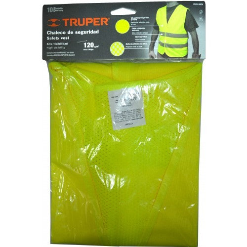 Hi-Vis vest in green and yellow with reflective tape for day/night safety, made of breathable polyester, adjustable fit.