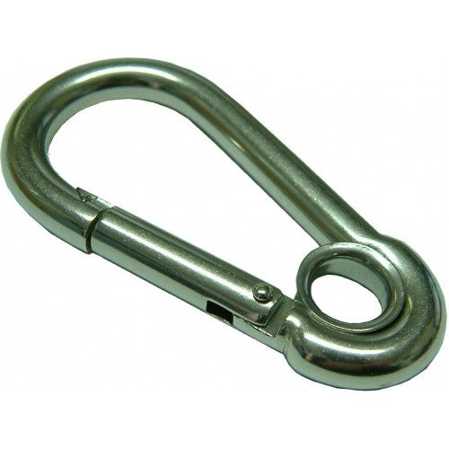Pear shape stainless steel karabiners with eyelets, 8 x 80mm, ideal for quick release and secure rope attachment.