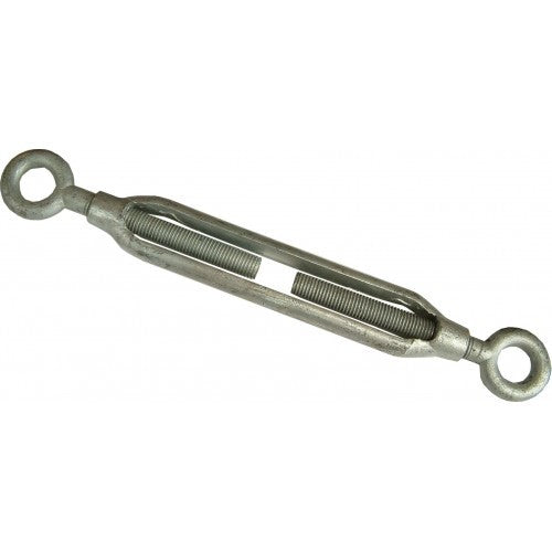 Galvanized steel turnbuckle with eye bolts for precise tension adjustment in ropes and cables, suitable for indoor and outdoor use.