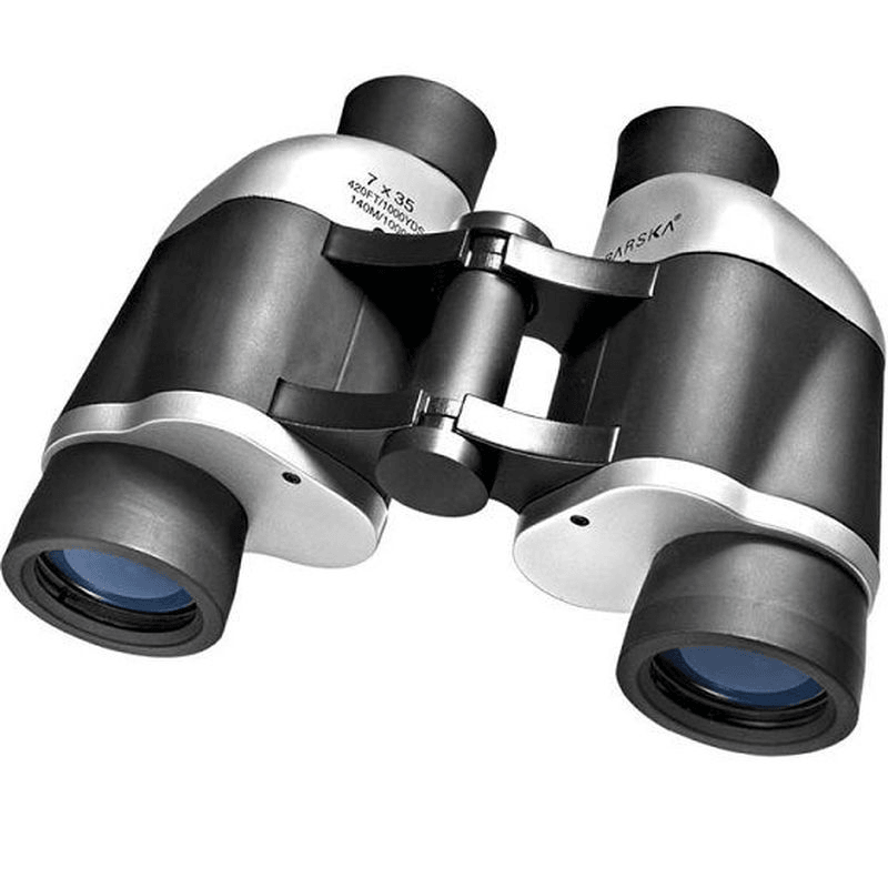 7x35 Barska Focus Free Binoculars with fixed focus,BK-7 glass,blue-tinted lenses for glare reduction,ideal for outdoor viewing.