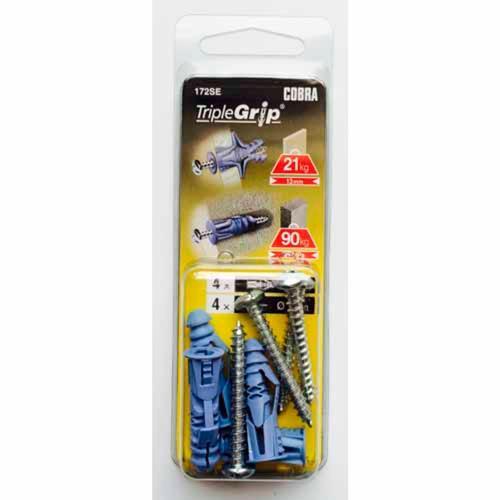 Cobra Anchors For Plasterboard Or Solid Walls 5mm Screw Blue Pack of 4