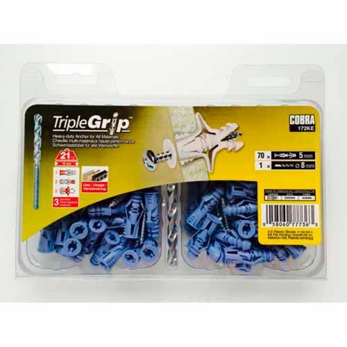 Cobra Anchors With Drill And Driver Bits For Plasterboard Or Solid Pack of 70