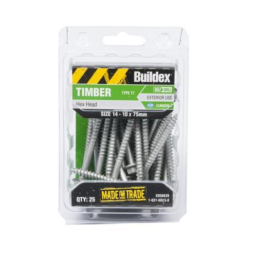 Buildex Hex Head Timber Screws 14G X 75mm Climaseal Pack of 25