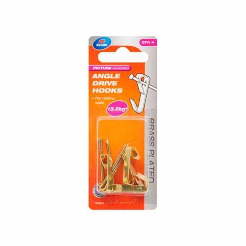 Zenith Angle Drive Hooks 13.5kg Pack of 4 Brass Finish