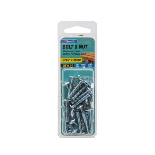 Zenith Mushroom Head Bolt & Nut 3/16 Inch X 25mm Zinc Plated Pack of 20