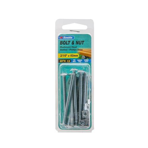 Zenith Mushroom Head Bolt And Nut 3/16 Inch X 60mm Zinc Plated Pack of 12