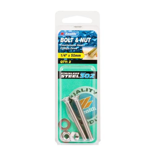 Zenith Countersunk Bolt & Nut 1/4 Inch X 50mm Stainless Steel Pack of 2