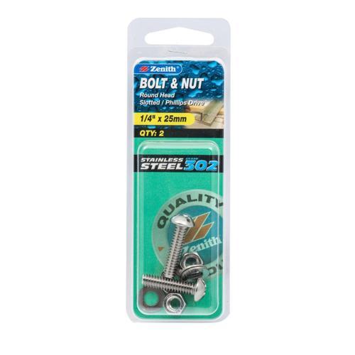 Zenith Round Head Bolt & Nut 1/4 Inch X 25mm Stainless Steel Pack of 2