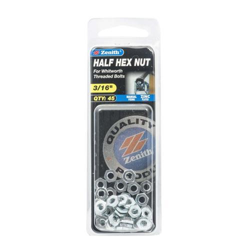 Zenith Half Hex Nut 3/16 Inch Pack of 45 Zinc Plated