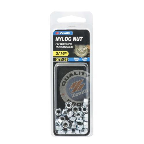 Zenith Nyloc Nut 3/16 Inch Pack of 25 Zinc Plated