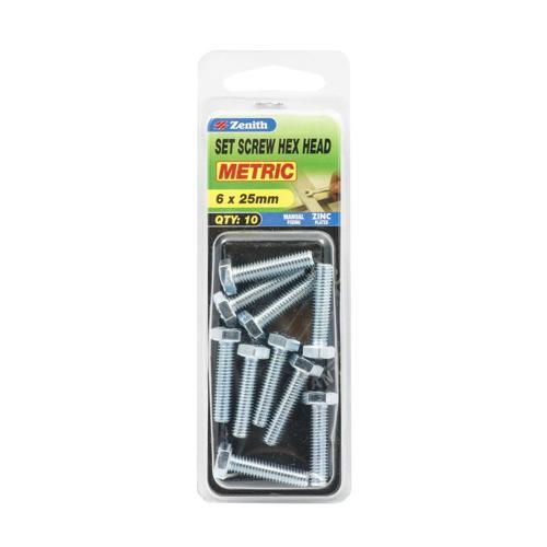 Zenith Hex Head Set Screw 6 X 25mm Zinc Plated Pack of 10