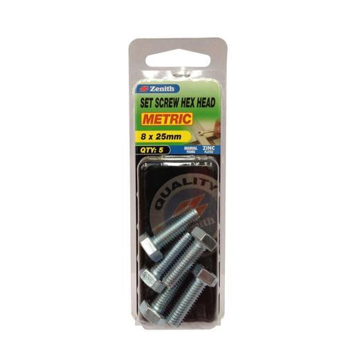Zenith Hex Head Set Screw 8 X 25mm Zinc Plated Pack of 5