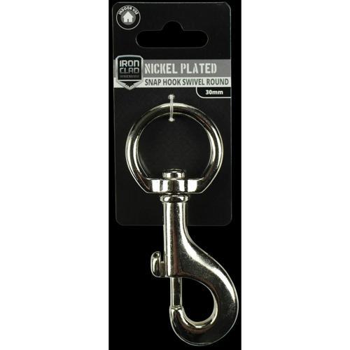 Iron Clad Snap Hook Round Swivel 30mm Nickel Plated