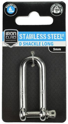 Iron Clad D Shackle Long 5mm Stainless Steel 316