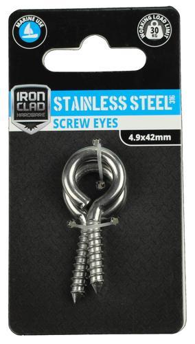 Iron Clad Screw Eyes 3.9x42mm Stainless Steel 316 Pack of 2
