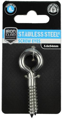 Iron Clad Screw Eyes 4.6x54mm Stainless Steel 316 Pack of 2