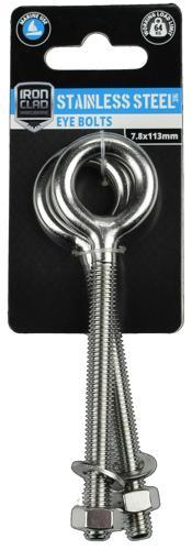 Iron Clad Eye Bolts 7.8x113mm Stainless Steel 316 Pack of 2