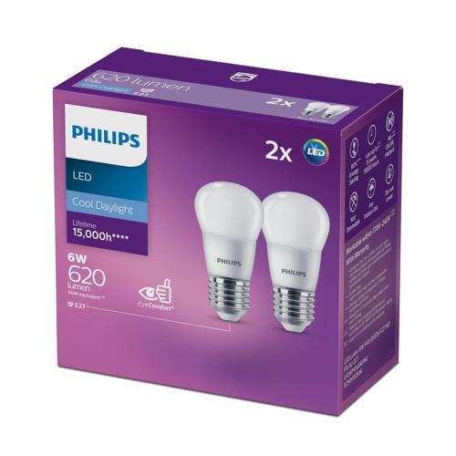 Philips LED Lustre E27 Frosted 2 Pack 6 Watt Cool Daylight Pack of 2