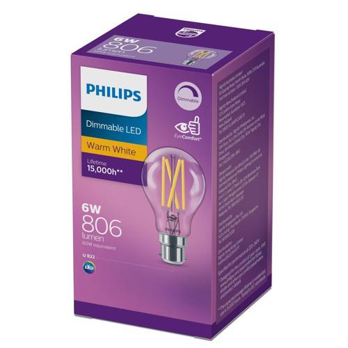 Philips LED Classic Filament 8W A60 B22 Warm White 806lm Dimmable Bulb