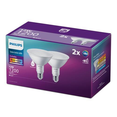 LED 12W E27 Colour Select IP65 Par38 2PK