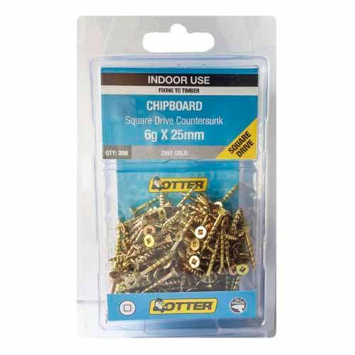 Otter Chipboard Screws 6g X 25mm Pack of 200 Zinc Gold Plated