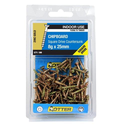 Otter Chipboard Screws 8g X 25mm Pack of 100 Zinc Gold Plated