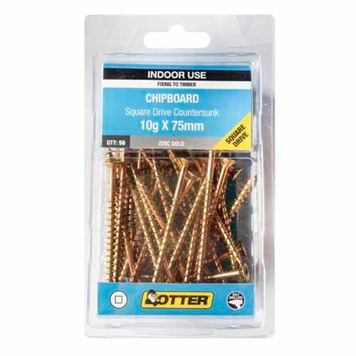 Otter Chipboard Screws 10g X 75mm Pack of 50 Zinc Gold Plated CHSD10752