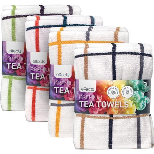 Effects Terry Tea Towels 400 X 600mm Assorted Colours Pack of 3