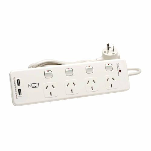 HPM 4-Way Switched Powerboard With 2x Charging USB 4.2A 240V White
