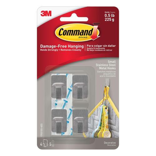 Command Metal Wall Hook 17031SS-4ES Small Stainless Steel Pack of 4