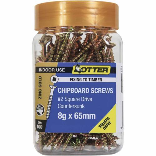 Otter Chipboard Screws 8g X 65mm Pack of 100 Zinc Gold Plated