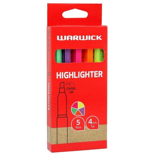 Warwick Highlighter Slimline 5 Pack 15mm 75mm 142mm Assorted Colours Pack of 5